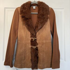 Nygard Brown Suede Leather Sweater Jacket Rabbit Fur Collar Women’s Size S (6-8)